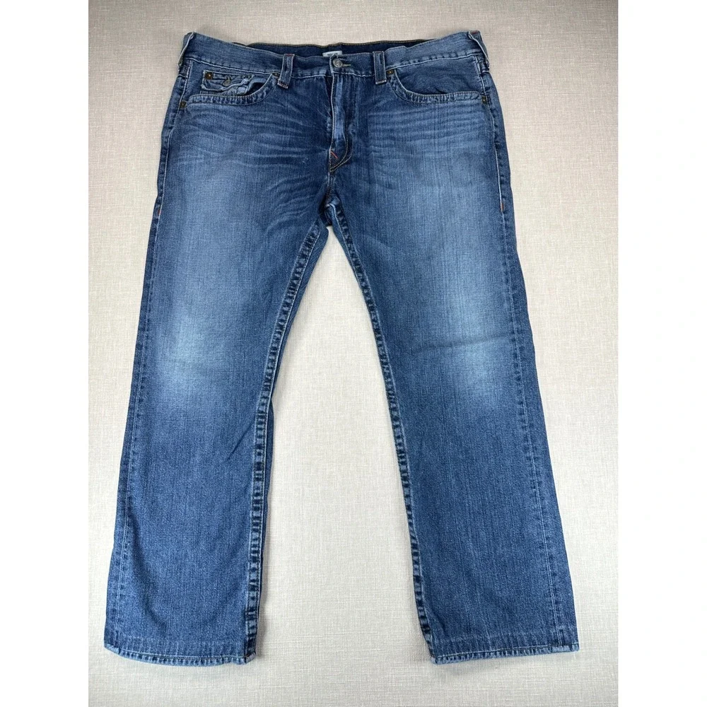 True Religion Ricky Jeans Mens 44 Blue Straight Leg Med Wash Horseshoe Made USA